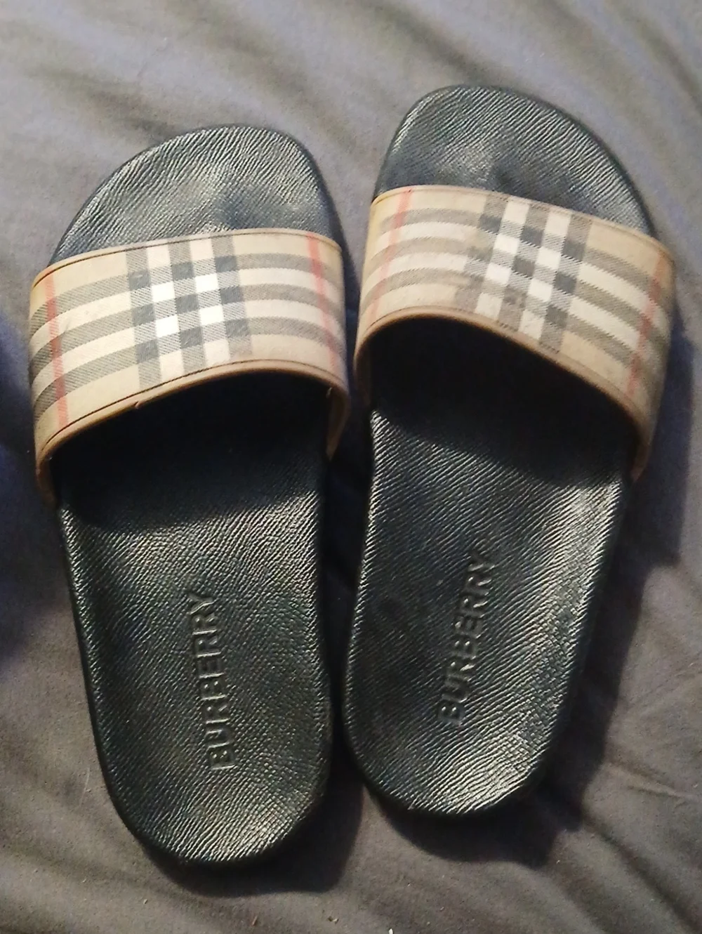 Burberry Black Slides with Beige Check Strap